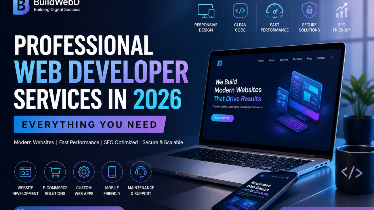Professional web developer services in 2026 featured image showing modern website development, responsive design, fast performance, and SEO-optimized web solutions by BuildWebD
