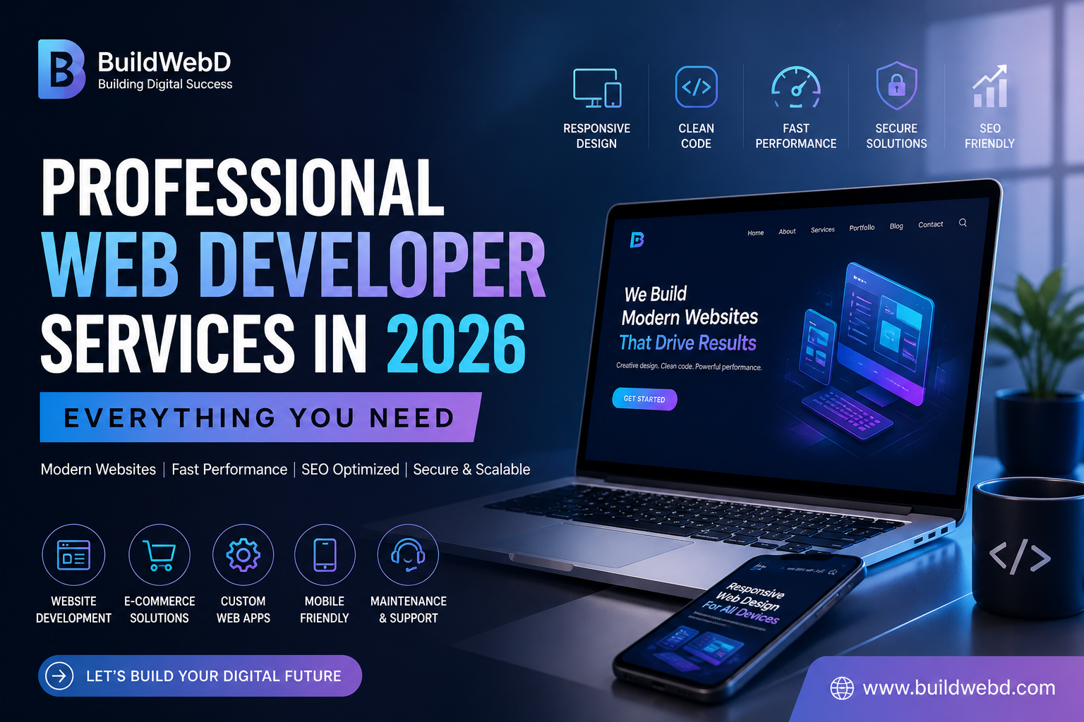 Professional web developer services in 2026 featured image showing modern website development, responsive design, fast performance, and SEO-optimized web solutions by BuildWebD