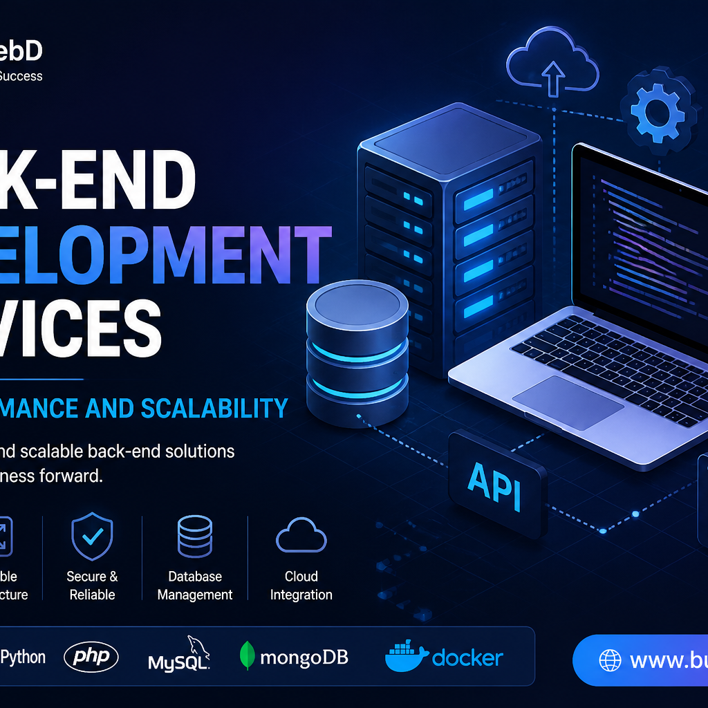 Current image: back-end development services for performance and scalability featured image showing server architecture, database management and API integration