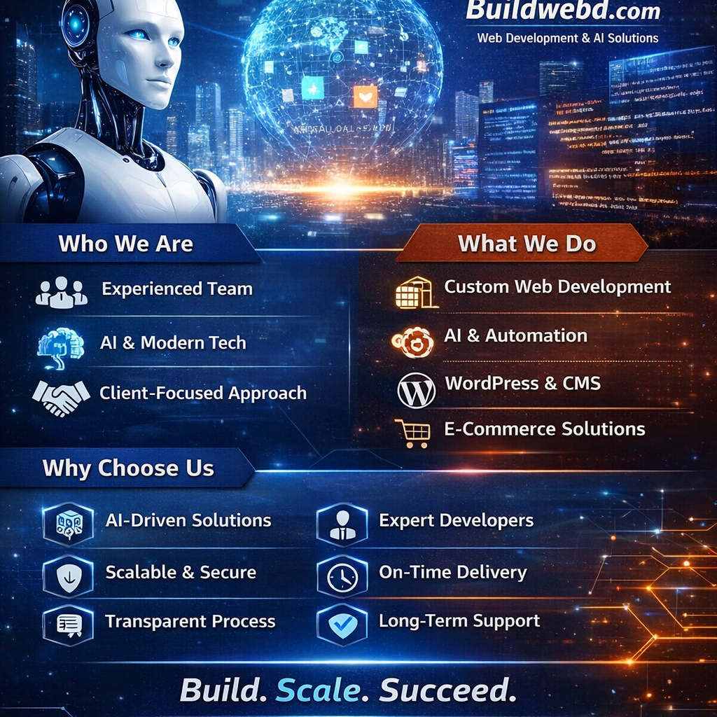 AI-powered web development services by Doddapaneni Group featuring Buildwebd.com, including Node.js, Java, Python, PHP, and WordPress solutions